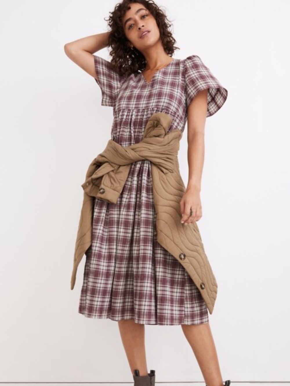 Madewell V-Neck Puff-Sleeve Midi Dress in Croftwood Plaid Size XXS